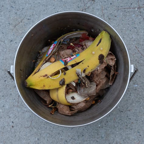 Triptych: The buckets of fruit & vegetable scraps in a row. in