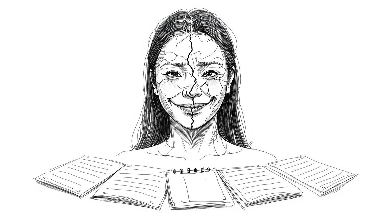 Person in smile mask with cracking edges and blank gratitude journals below