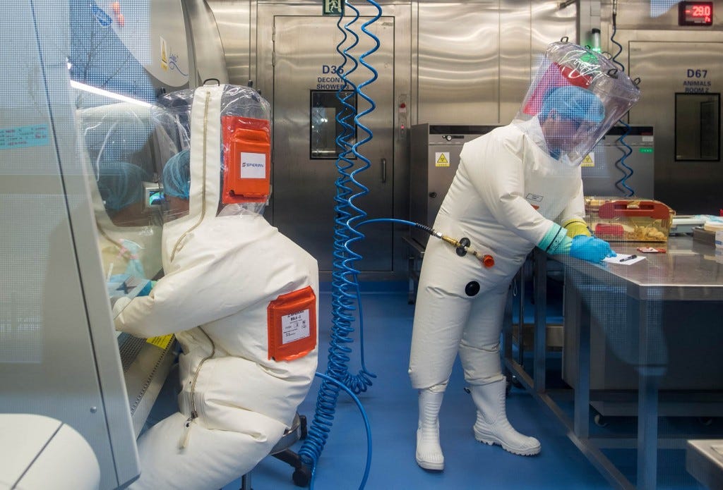Workers next to a cage with mice (R) inside the P4 laboratory in Wuhan, the capital of China's Hubei province.
