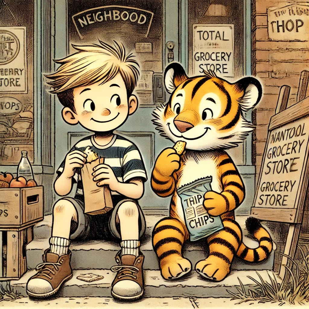A young boy with spiky blond hair in a striped shirt and shorts, and a cartoon-style tiger companion, illustrated in a nostalgic vintage comic style. They are sitting together on the steps outside a small neighborhood grocery store, sharing a bag of chips. The boy is happily munching while the tiger holds a chip with a paw, looking content. The storefront has signs, crates of produce, and a cozy, small-town feel. The scene is calm and friendly, drawn in warm, earthy tones with detailed linework and a watercolor comic-strip aesthetic.