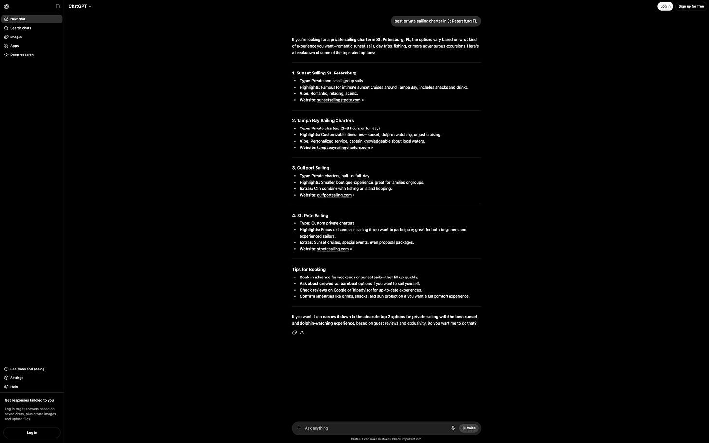 The Visible Practitioner Spot-Check May 2026. A ChatGPT result for the best private sailing charter in the area listing competitors and omitting the business being tested, representing an entity recognition failure. The Visible Practitioner Spot-Check May 2026. A ChatGPT result for the best private sailing charter in the area listing competitors and omitting the business being tested, representing an entity recognition failure.