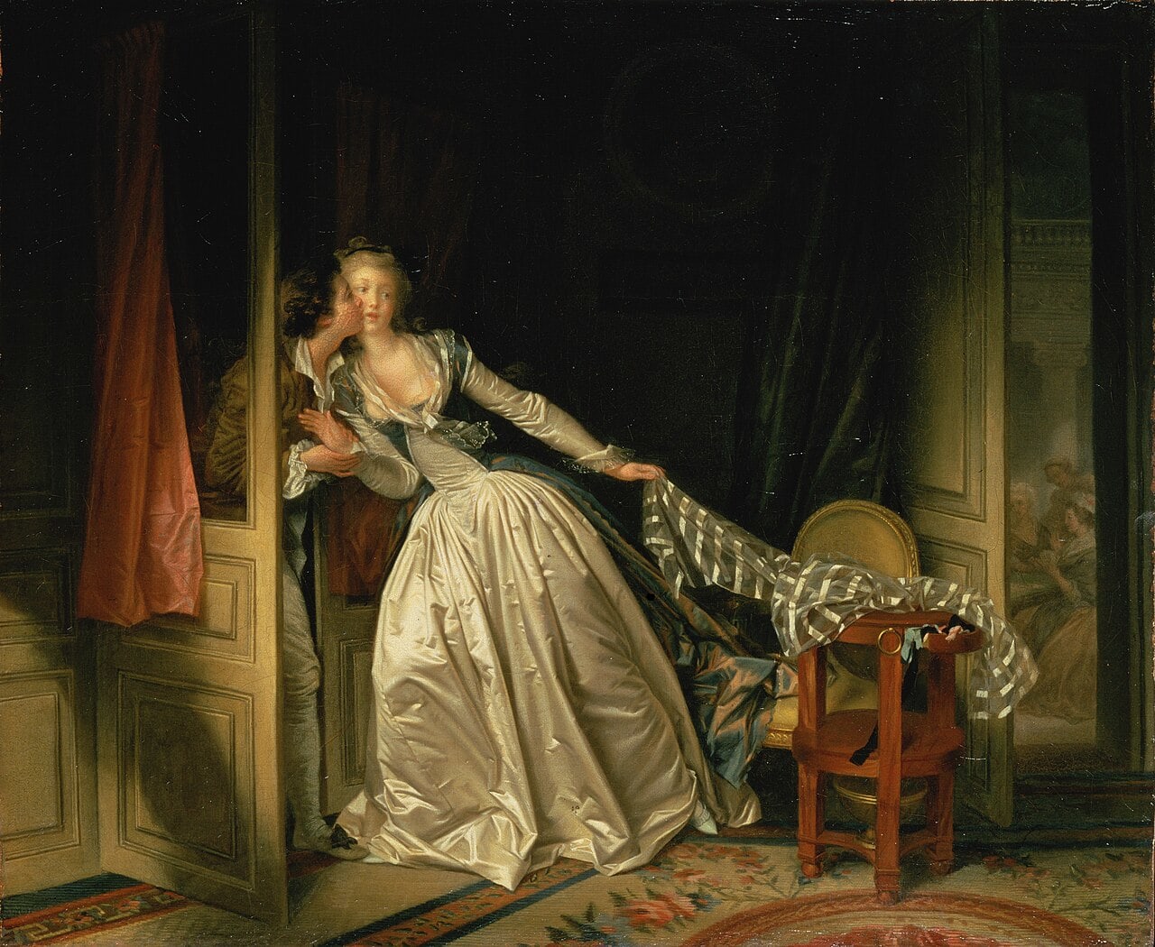 A woman leaning from a doorway for a quick kiss A woman leaning from a doorway for a quick kiss