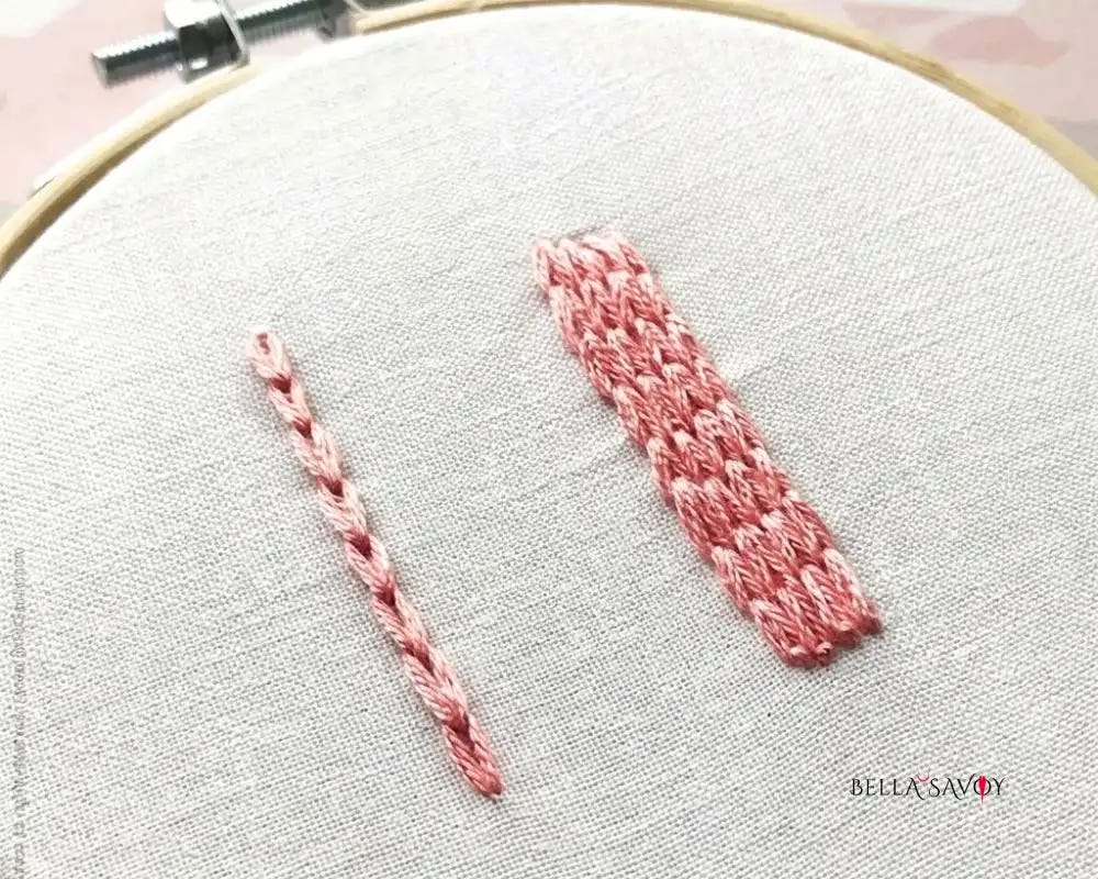 pink chain stitch in one row on the left. 3 rows together on the right