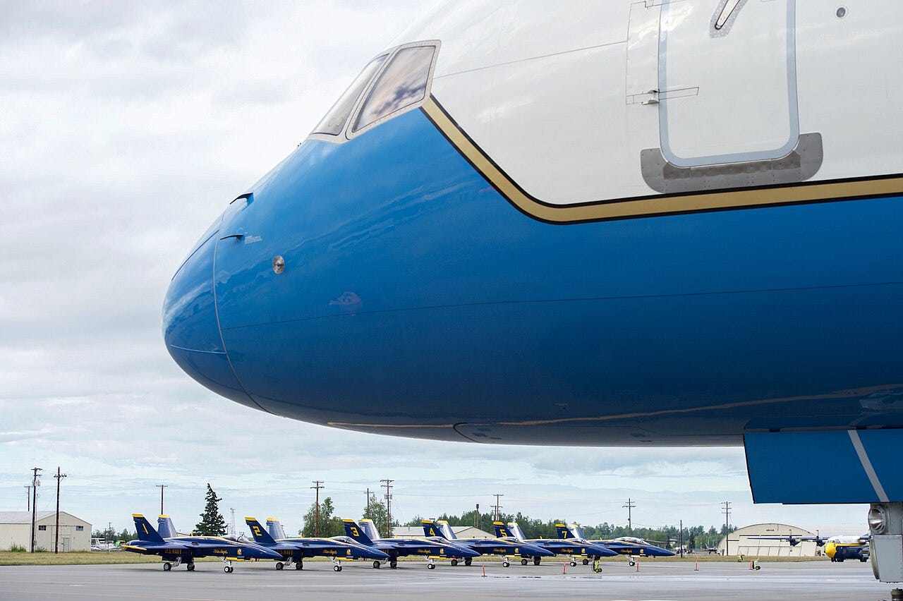 Photo: U.S. Department of State from United States / Wikimedia Commons (Public domain) F/A-18 fighter jets used by the Blue Angels, the U.S. Navy's flight demonstration team, are seen on the tarmac at Joint Base Elmendorf-Richardson on July 27, 2016, as the plane carrying U.S. Secretary of State John Kerry stopped for re-fueling while