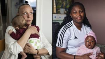 Diptych of two mothers holding their babies.