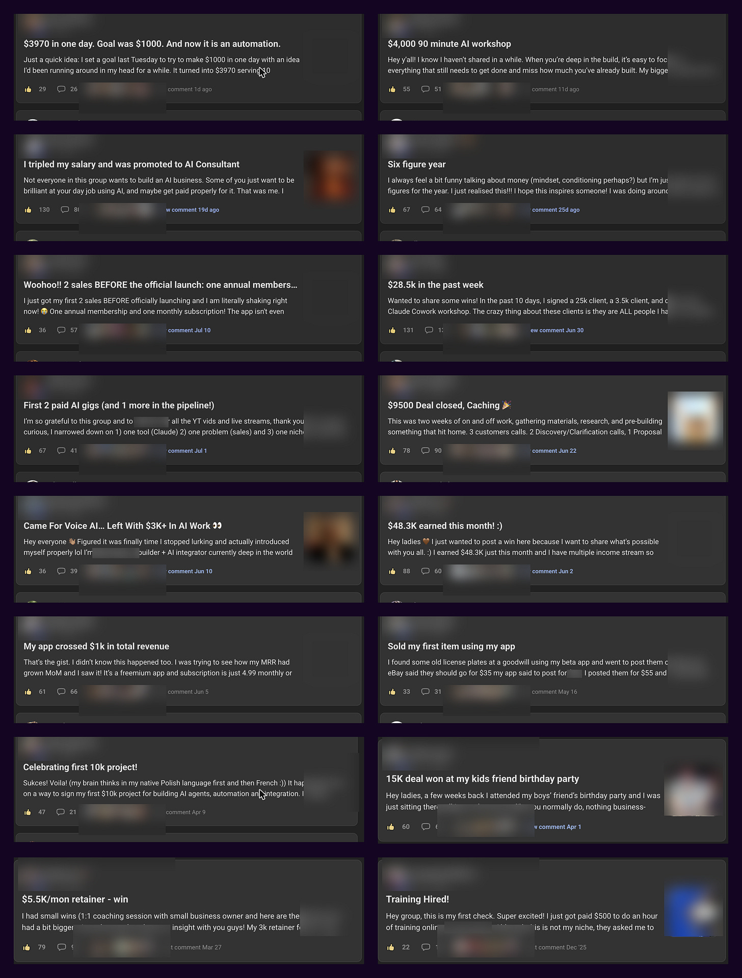 A collage of anonymized money wins shared by members of the free Women Build AI community A collage of anonymized money wins shared by members of the free Women Build AI community