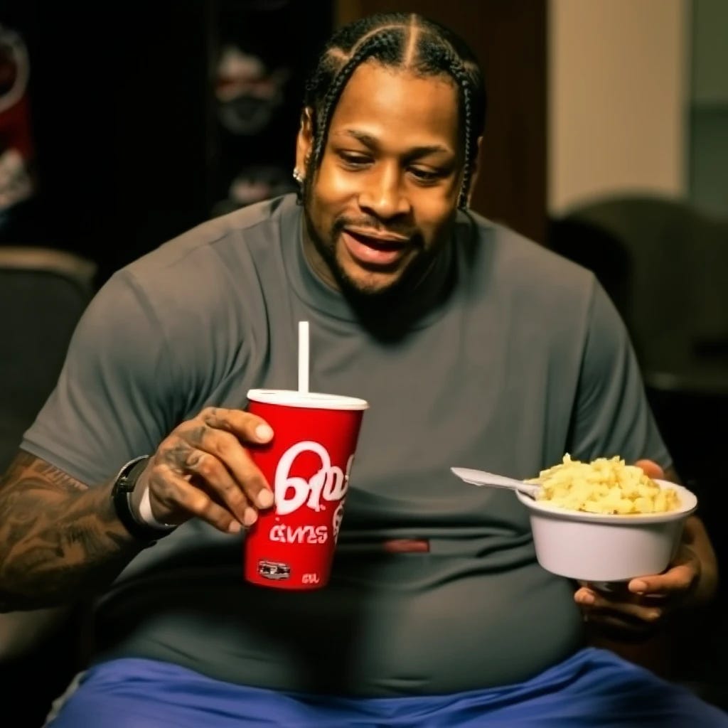 NBA basketball player Allen Iverson overweight drinking kool aid and eating mac n cheese