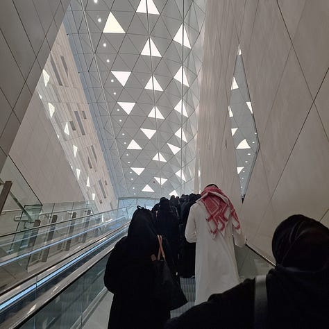Views of the Riyadh Metro. From left to right, the entrance for single men on the Airport T3–4 station of Line 4; the architecture of the KAFD Station designed by Zaha Hadid Architects; the escalator at station King Fahad District 2 of Line 1.