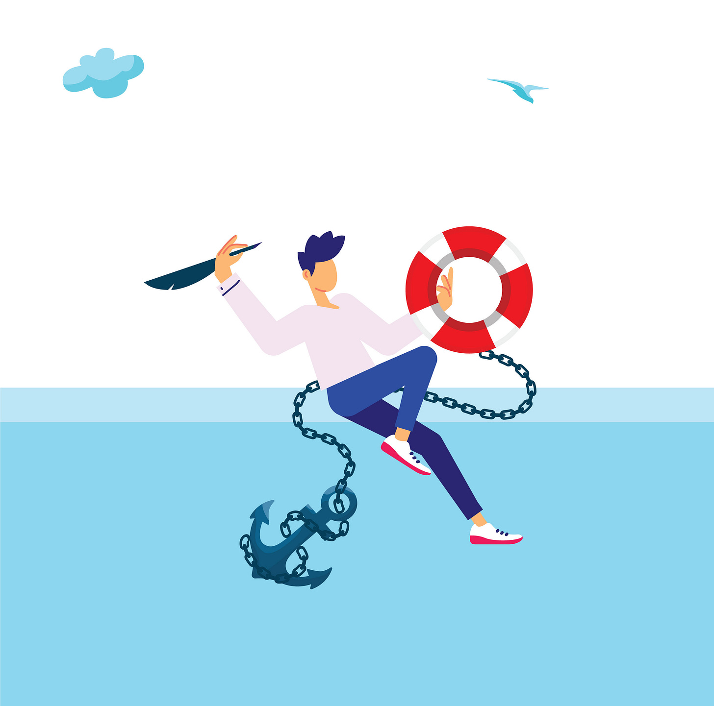 Writer thinking he's holding onto great words, but they are actually anchors.