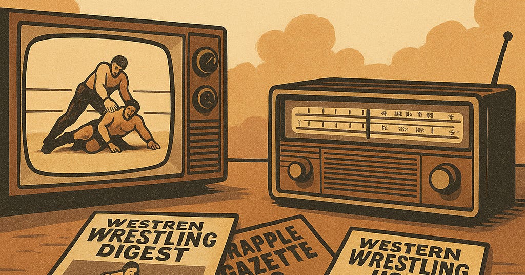 Vintage-style illustration featuring a 1970s television showing a wrestling match, an AM radio, and three wrestling publications: Western Wrestling Digest, Grapple Gazette, and Western Wrestling Hour. The headline reads, “You Hear What Happened in Fresno?!” with a subheading about how fans followed wrestling through media patchwork. Vintage-style illustration featuring a 1970s television showing a wrestling match, an AM radio, and three wrestling publications: Western Wrestling Digest, Grapple Gazette, and Western Wrestling Hour. The headline reads, “You Hear What Happened in Fresno?!” with a subheading about how fans followed wrestling through media patchwork.