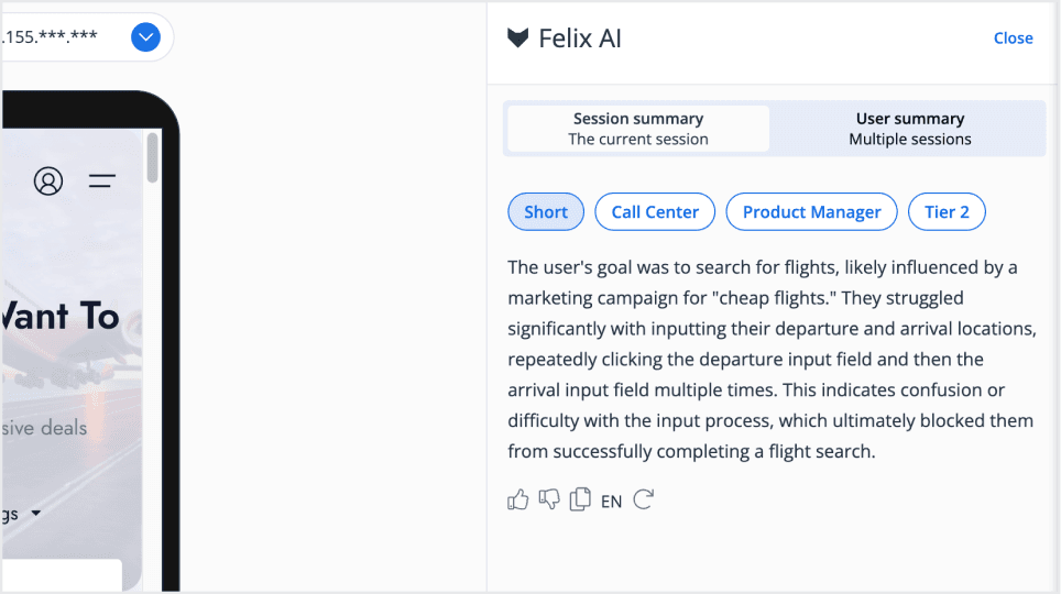 UI screenshot of Felix AI displaying an automated session summary analyzing a user's struggle during a flight search. UI screenshot of Felix AI displaying an automated session summary analyzing a user's struggle during a flight search.