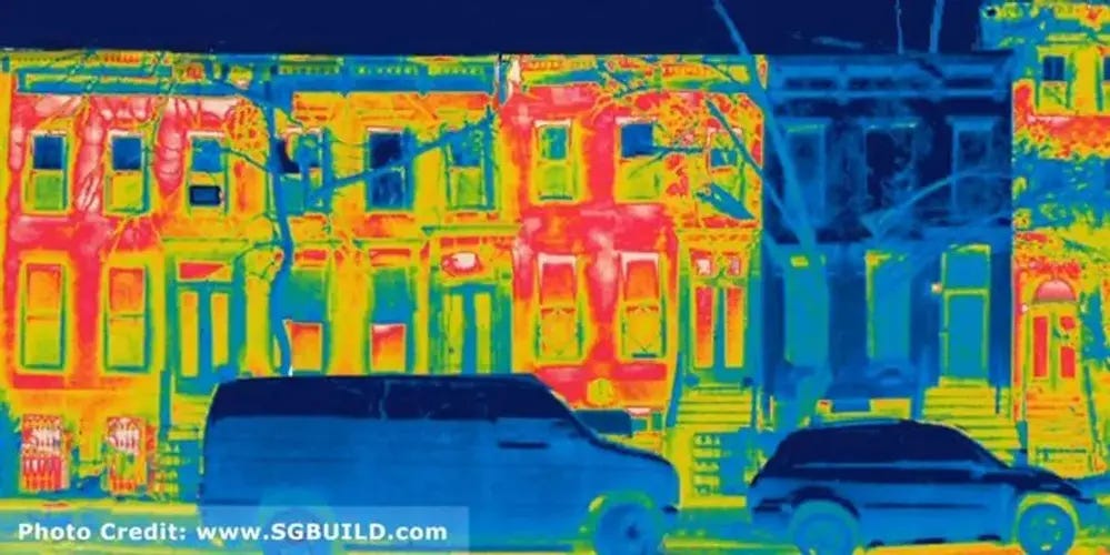 Photo of a Passivehaus (blue) taken with an infrared camera (IR) in Brooklyn, NYC credit Sam McAffee / SG Build