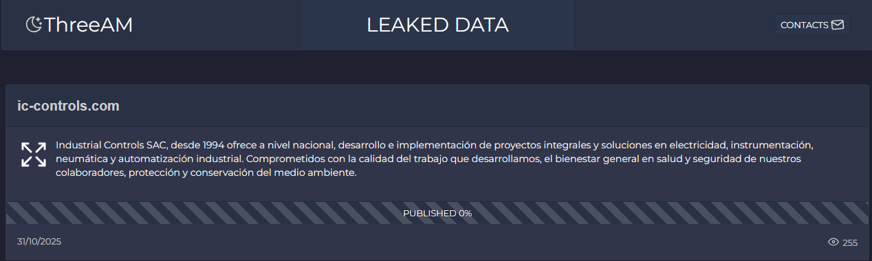 Perú, ThreeAM publica en su sitio DarkWeb a Industrial Controls, S.A.C.