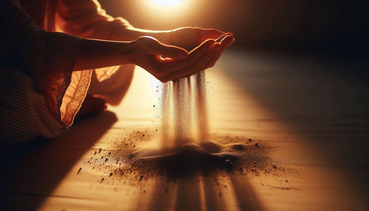 A person's hands unclenching, releasing dark sand or shadows into the air, which transforms into glowing particles of light. Soft, hopeful morning light, shallow depth of field, symbolizing release, transformation, and reclaiming personal power.