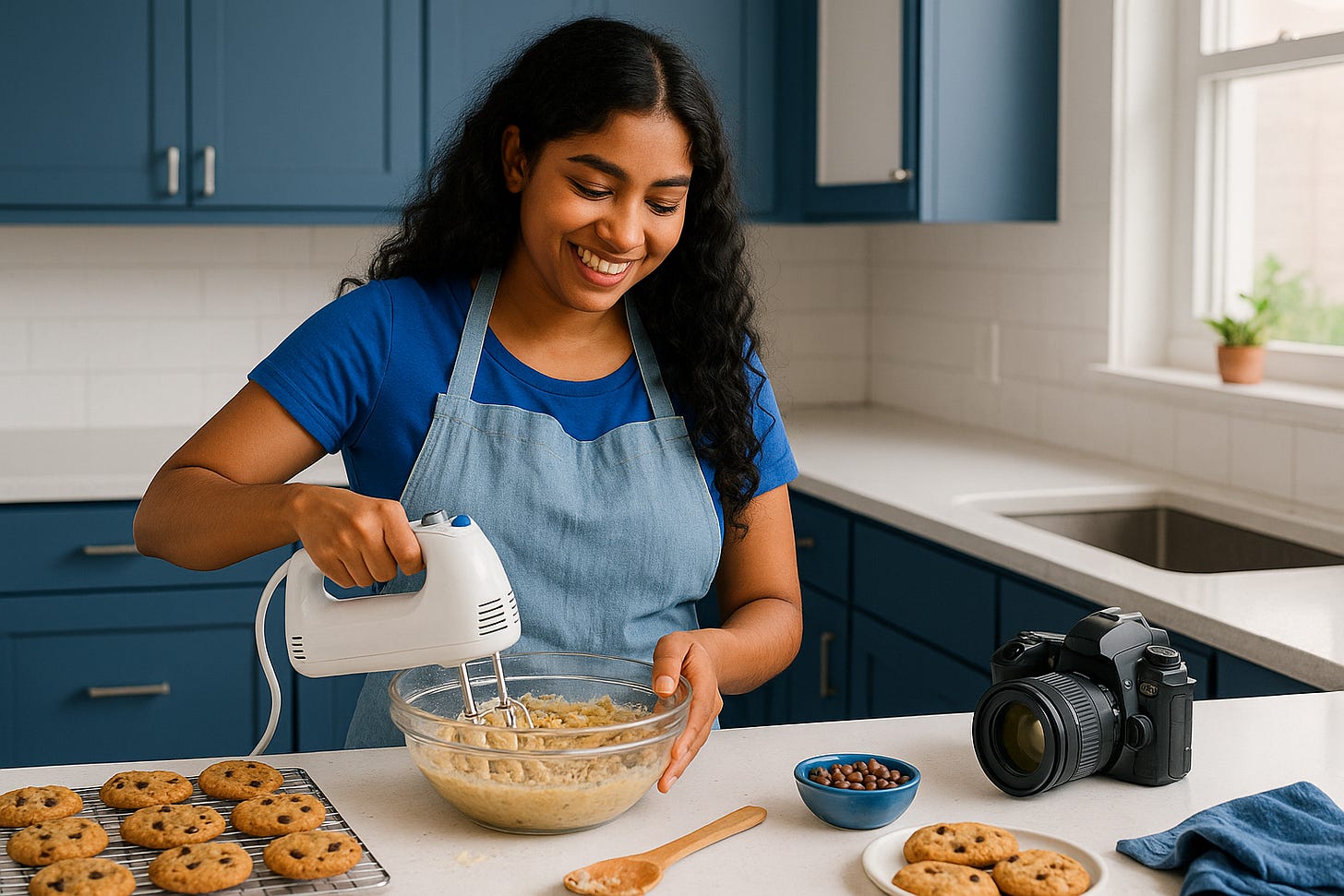 Tilly, a biracial Gen Z food blogger from San Antonio, mixes gluten-free chocolate chip cookie dough with a hand mixer in her bright kitchen. She’s wearing a blue shirt and apron, surrounded by Blueberri-blue cabinetry, cooling racks of cookies, a bowl of chocolate chips, and a DSLR camera on the counter—capturing her recipe process for her blog Whiskful Thinking. Tilly, a biracial Gen Z food blogger from San Antonio, mixes gluten-free chocolate chip cookie dough with a hand mixer in her bright kitchen. She’s wearing a blue shirt and apron, surrounded by Blueberri-blue cabinetry, cooling racks of cookies, a bowl of chocolate chips, and a DSLR camera on the counter—capturing her recipe process for her blog Whiskful Thinking.