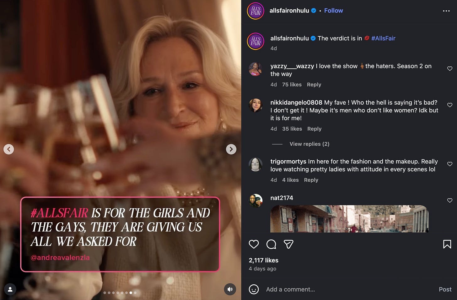 A social media post featuring Glenn Close in the background toasting a glass of champagne. Overlaid text reads: "#AllsFair is for the girls and the gays, they are giving us what we asked for”