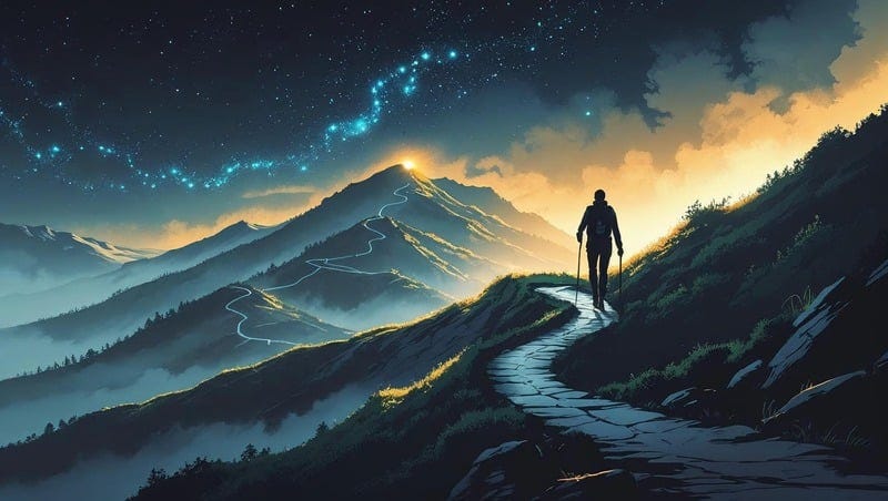 Here's a beautiful, metaphorical image prompt using the mountain journey concept:
Mountain Journey Image Prompt:
"Create an artistic, inspiring illustration of a lone figure walking along a winding mountain path that ascends through three distinct terrains, representing the evolution of investing philosophy.
The journey begins in the lower terrain (Value 1.0) - rocky, methodical switchbacks through a misty, monochromatic landscape of grays and muted blues, representing traditional, analytical thinking.
The path then winds upward into the middle terrain (Growth 2.0) - rolling hills with emerging greenery, warmer lighting, and more dynamic terrain, suggesting expansion and opportunity.
Finally, the path leads toward the summit (Vision 3.0) - bathed in golden hour light, with the peak crowned by an ethereal, luminous sky. Perhaps aurora-like lights or a constellation pattern in the heavens above, representing transcendent vision and purpose.
The figure should be silhouetted but determined, carrying a simple walking stick, moving steadily upward. The path itself should be clearly defined but graceful, suggesting both the difficulty and beauty of the journey.
The overall composition should evoke hope, purpose, and transformation - like a pilgrimage toward enlightenment. Use cinematic lighting with the summit glowing as a beacon of possibility.
Style: Inspirational landscape art, reminiscent of classic adventure illustrations but with a sophisticated, modern aesthetic. Think Nation