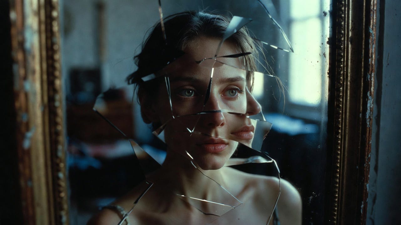 A surreal photograph of a distorted mirror reflection in a dimly lit, eerie room.