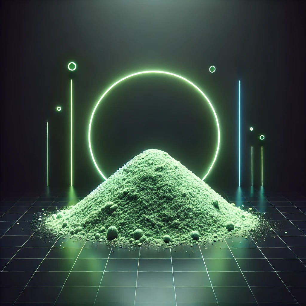 A minimalist depiction of green powder with a cyberpunk aesthetic. The powder is arranged in a smooth pile with soft glowing green light surrounding it, against a simple dark background. The setting includes subtle neon accents in green and blue with faint, futuristic geometric lines to hint at a high-tech theme, without intricate details or distractions.