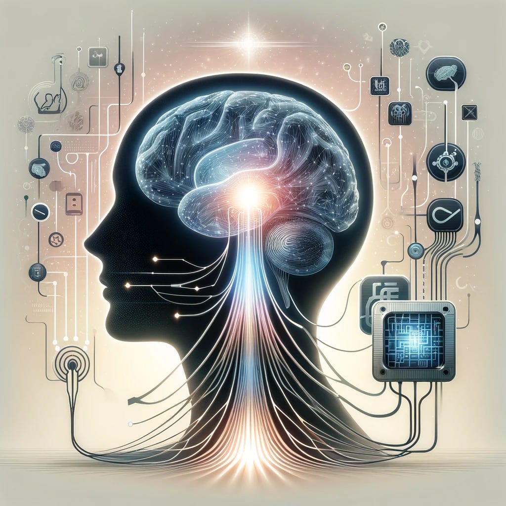 An illustration depicting the concept of a brain-computer interface (BCI) for speech decoding. The image should show a silhouette of a person's head with a clear focus on the brain, connected through abstract, futuristic pathways to a computer or digital device that represents decoding and communication. The pathways should symbolize the flow of information from the brain to the device, indicating a seamless integration of human neural activity with advanced technology. The overall aesthetic should be optimistic and innovative, embodying hope and technological advancement without including any alphabets or numbers. The background should be neutral to emphasize the connection between the brain and the device.