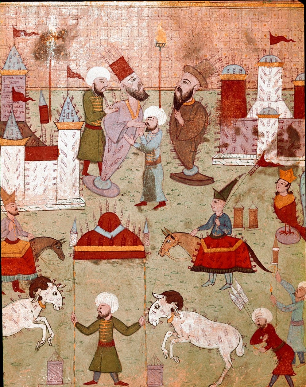 Festivities organized on the occasion of the circumcision of the son of the Ottoman Sultan Murad II, preparation of fireworks. Miniature of the 16th century. Istanbul, Topkapi Sarayi Museum Library by Ottoman School
