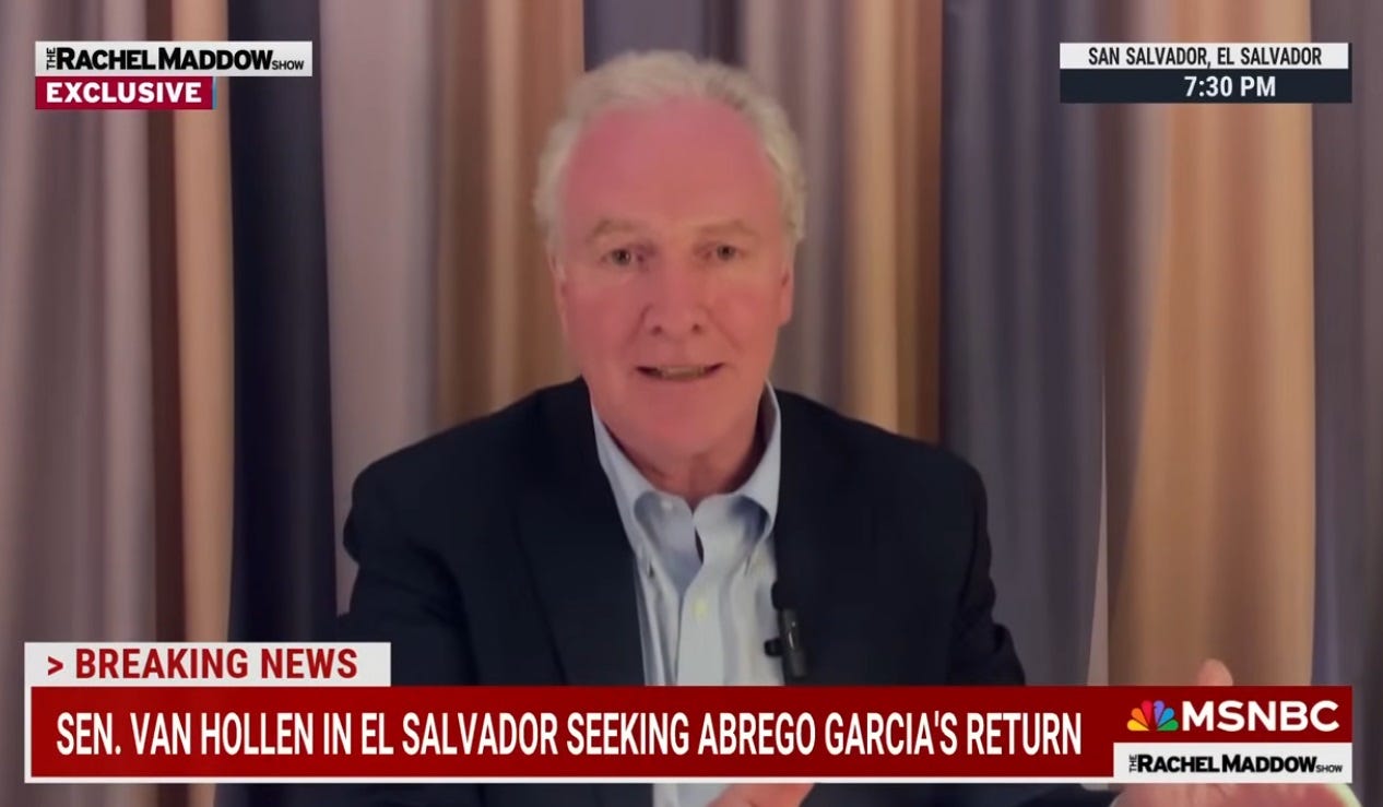 April 16, 2025, MSNBC screenshot of Sen Chris Van Hollen (D-Maryland) speaking by satellite on the Rachel Maddow Show.  Chyron reads 'Breaking News: Sen. Van Hollen in El Salvador Seeking Abrego Garcia's Return'
