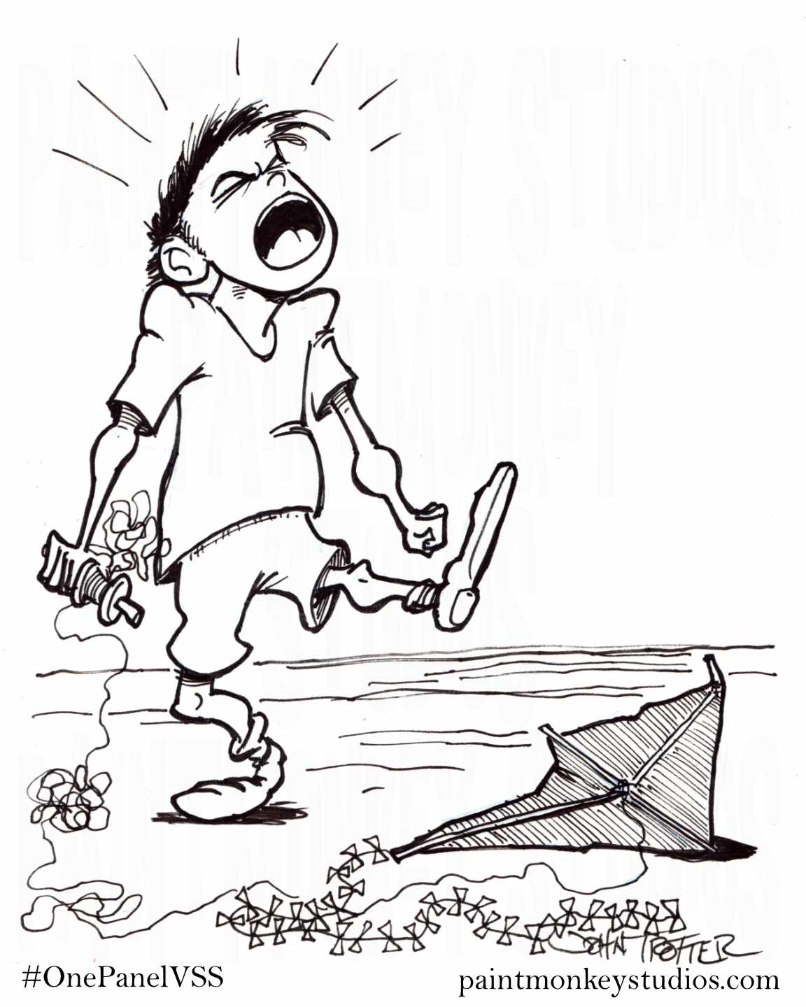 Ink drawing of a boy having a tantrum with a kite broken on the ground in front of him. Ink drawing of a boy having a tantrum with a kite broken on the ground in front of him.
