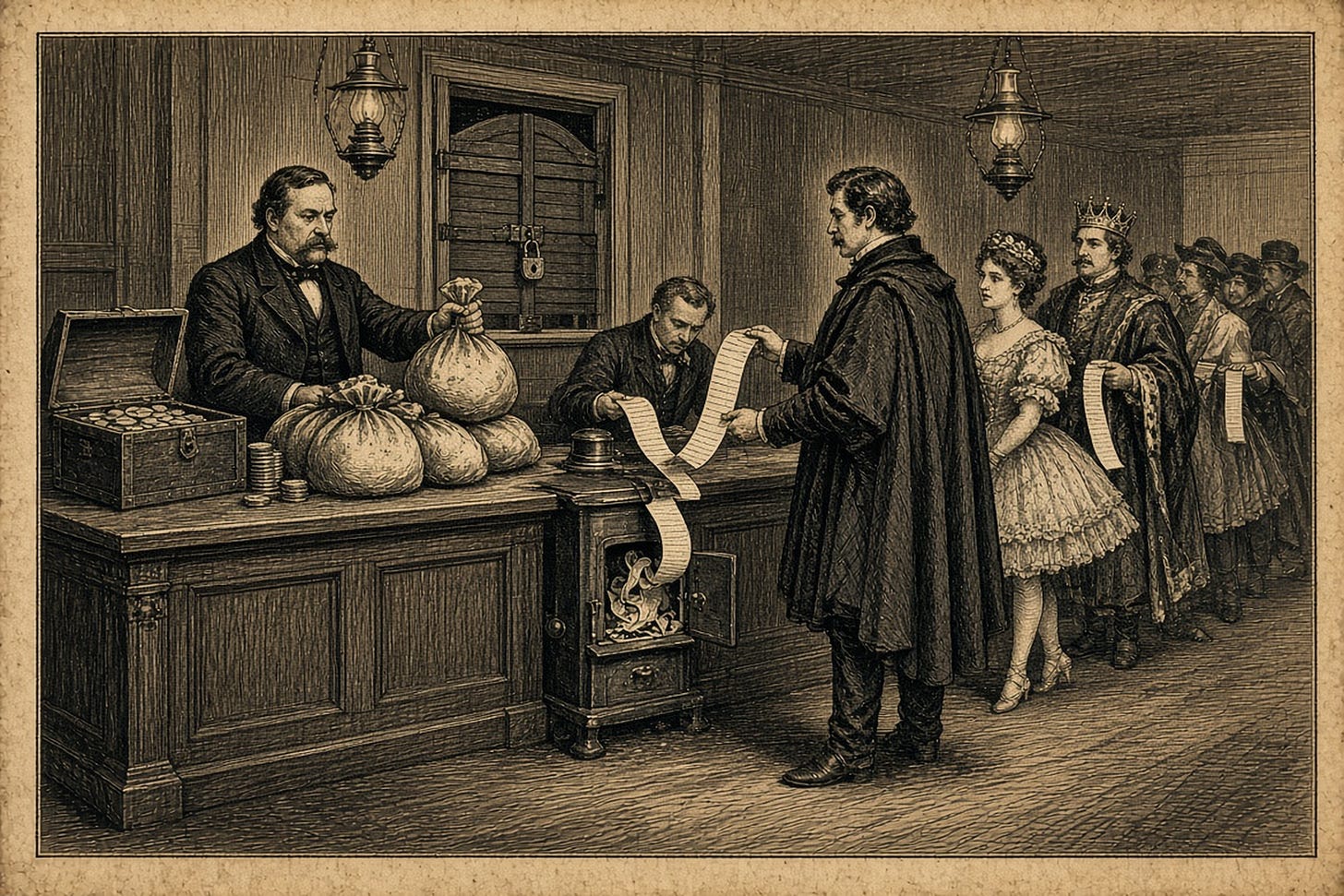 Wood-engraving editorial illustration in the Thomas Nast Harper's Weekly style for Attention Capital's essay Hollywood Copied the Wrong Half of Star Wars, depicting the streaming buyout era as a 19th-century counting room where costumed performers hand over ribbons of box-office ticket stubs in exchange for sacks of coin while a clerk burns the surrendered stubs and the box-office window stands shuttered. The image argues Section III: streaming platforms bought out backend participation with guaranteed premiums, converting variable compensation into permanent fixed cost. Keywords: Netflix cost-plus, backend buyout, streaming talent deals, SAG-AFTRA success bonus, media finance. Wood-engraving editorial illustration in the Thomas Nast Harper's Weekly style for Attention Capital's essay Hollywood Copied the Wrong Half of Star Wars, depicting the streaming buyout era as a 19th-century counting room where costumed performers hand over ribbons of box-office ticket stubs in exchange for sacks of coin while a clerk burns the surrendered stubs and the box-office window stands shuttered. The image argues Section III: streaming platforms bought out backend participation with guaranteed premiums, converting variable compensation into permanent fixed cost. Keywords: Netflix cost-plus, backend buyout, streaming talent deals, SAG-AFTRA success bonus, media finance.