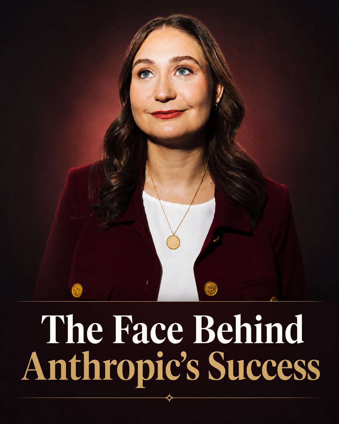 Editorial portrait of an Anthropic executive against a dramatic burgundy background, titled “The Face Behind Anthropic’s Success.” Editorial portrait of an Anthropic executive against a dramatic burgundy background, titled “The Face Behind Anthropic’s Success.”