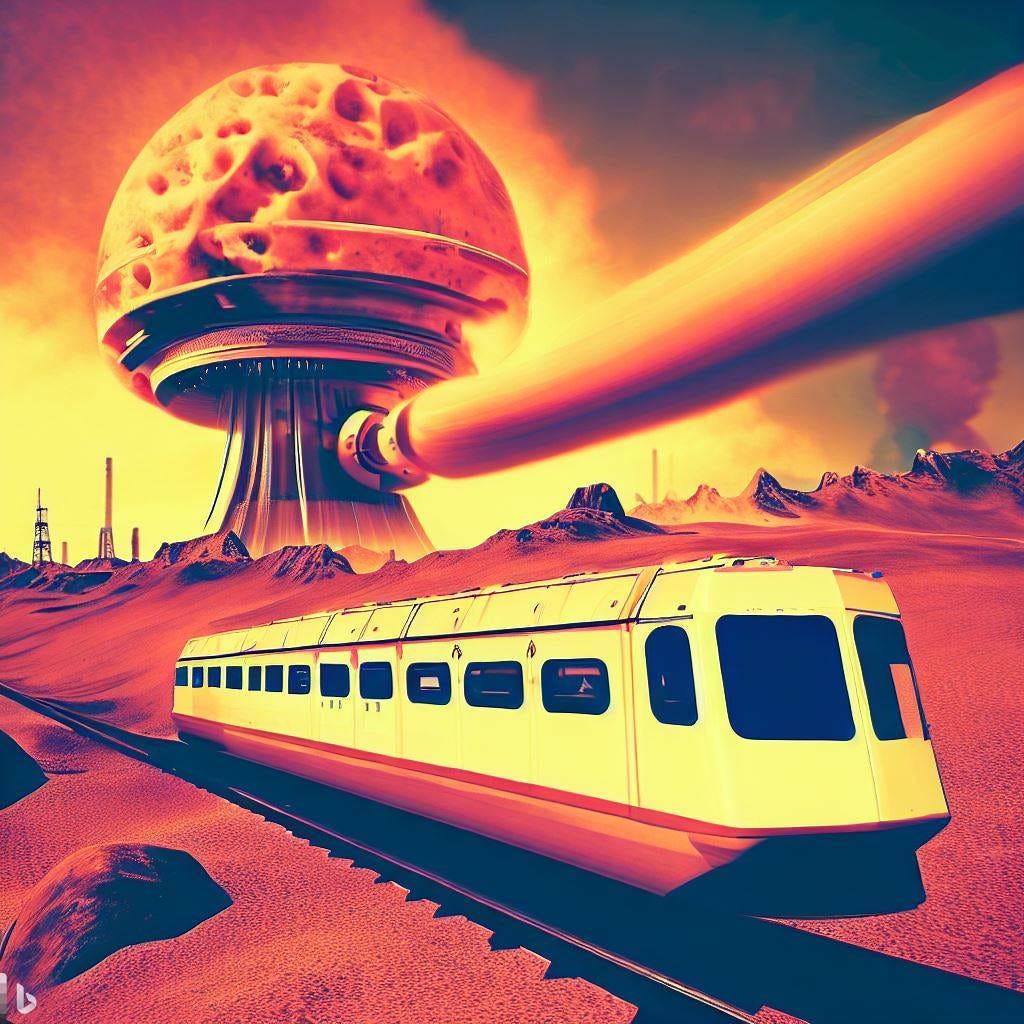 monorail passing by nuclear reactor, mars, retro sci-fi