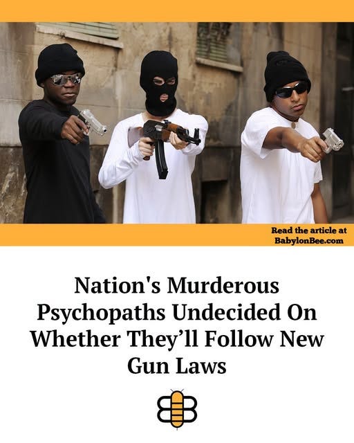 May be an image of text that says 'Read the article at BabylonBee.con Nation's Murderous Psychopaths Undecided On Whether They'll Follow New Gun Laws' May be an image of text that says 'Read the article at BabylonBee.con Nation's Murderous Psychopaths Undecided On Whether They'll Follow New Gun Laws'