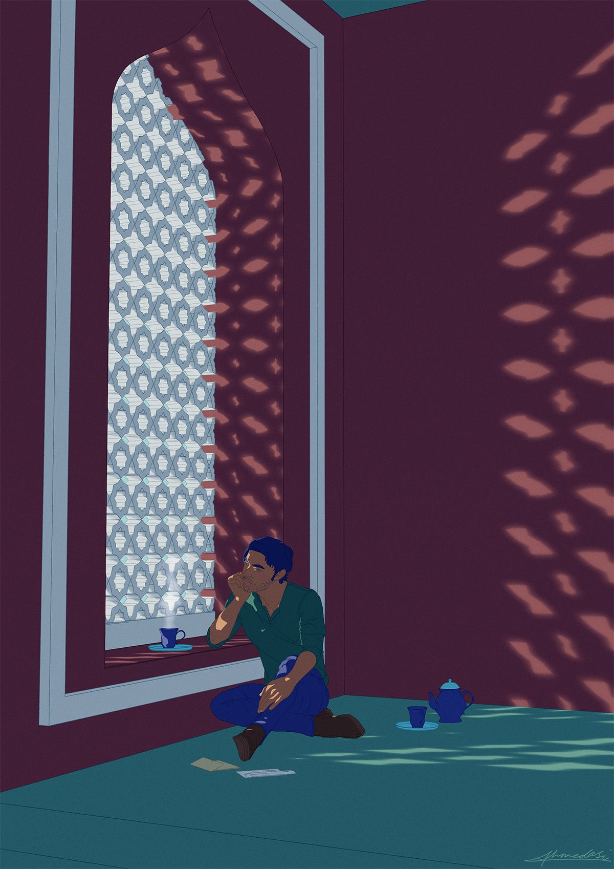 An illustration of a Pakistani man sitting in a contemplative pose by a jali window. A steam cup of tea sits on the window sill; another cup and a teapot is on the ground behind him. An opened envelop and a letter lies by his feet, and the sun casts patterns of light through the jali onto his face on on the wall behind him.