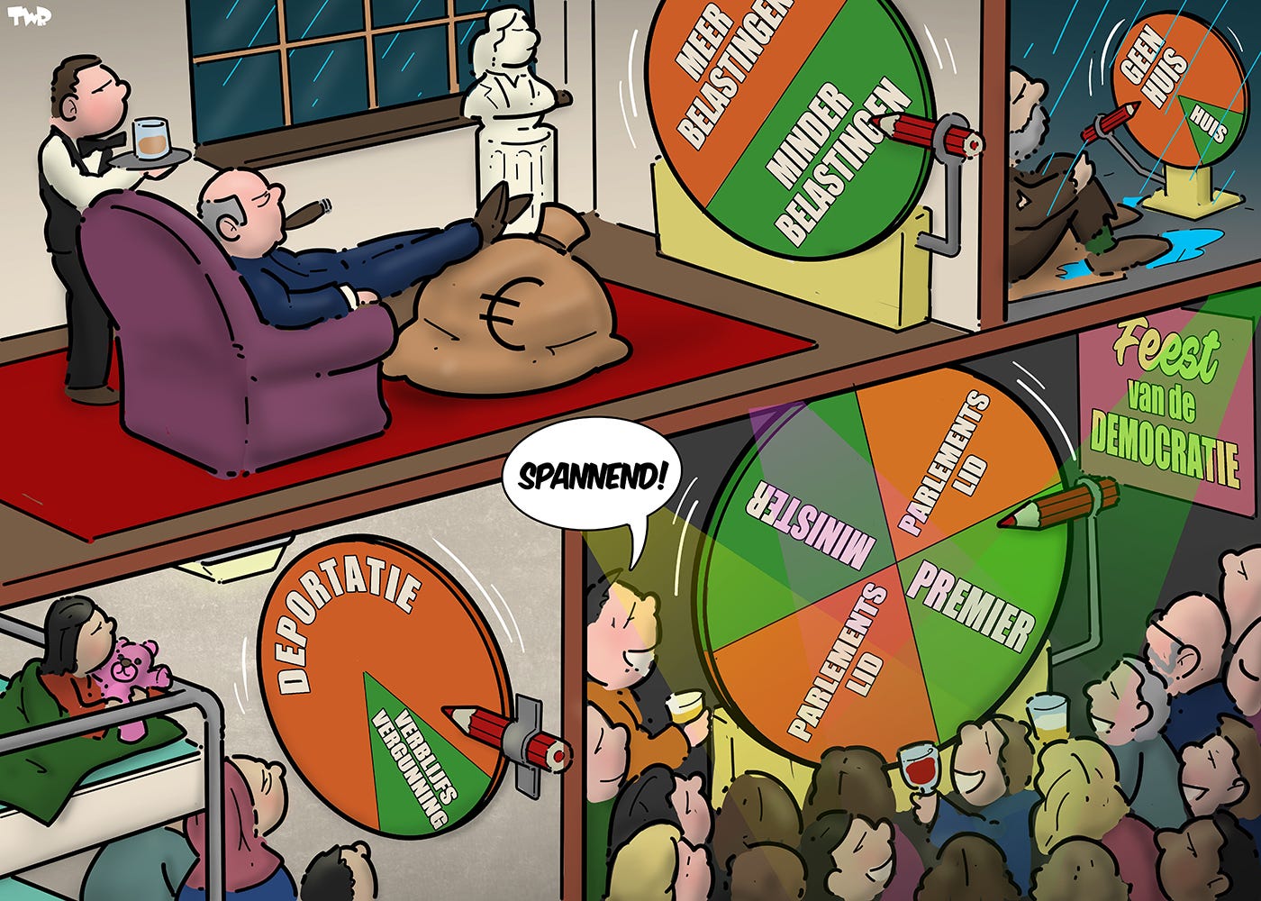 Cartoon waarop verschillende ruimtes te zien zijn. In een ruimte viert een politieke partij feest op verkiezingsavond. Een soort rad van fortuin laat verschillende uitkomsten zien: minister, premier of parlementslid. In een andere, sobere, ruimte zit een emigrantenfamilie op een stapelbed; ook zij hebben een rad van fortuin, maar hierop zijn de opties 'deportatie' (grote kans) en 'verblijfsvergunning' (kleine kans). Daarboven zien we een grote kamer met een rijk persoon in een grote stoel, die een zak geld als voetenbank gebruikt, terwijl een butler hem een glas whisky aanreikt. Hij kijkt naar een rad van fortuin met de opties 'meer belastingen' en 'minder belastingen'. Door het raam zien we dat het regent. De laatste ruimte in de cartoon is buiten op straat, waar een zwerver in de regen een klein rad van fortuin voor zich heeft met de opties 'geen huis' (grote kans) en 'huis' (kleine kans).