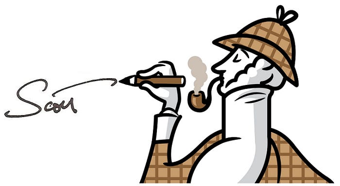 A cartoon sketch of The New Yorker's Eustace Tilley in a Sherlock Holmes costume of brown plaid, pencil in hand, signing "Scott" in cursive