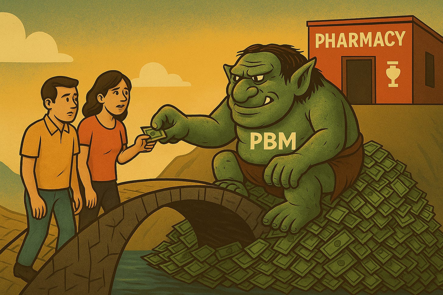 A satirical political cartoon illustrates a greedy, green-skinned troll wearing a suit labeled "PBM" (Pharmacy Benefit Manager) sitting on a pile of cash atop a stone bridge. The troll is reaching out to take a dollar bill from a struggling, impoverished patient trying to cross the bridge toward a pharmacy on the other side. The patient clutches another dollar in desperation, while the troll greedily hoards money. The pharmacy is visible at the far end of the bridge, just out of reach, emphasizing the financial burden and exploitation patients face when accessing essential medications.