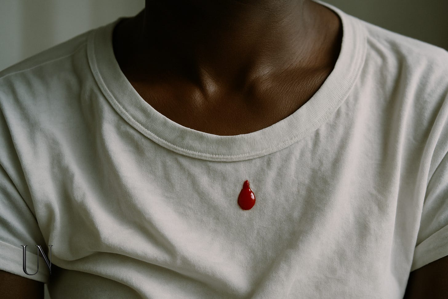 A close-up of a dark-skinned chest wearing a plain white cotton T-shirt. A single, vivid red drop of blood rests just below the collarbone. The framing is intimate, minimal, and still—capturing both vulnerability and quiet power. A close-up of a dark-skinned chest wearing a plain white cotton T-shirt. A single, vivid red drop of blood rests just below the collarbone. The framing is intimate, minimal, and still—capturing both vulnerability and quiet power.