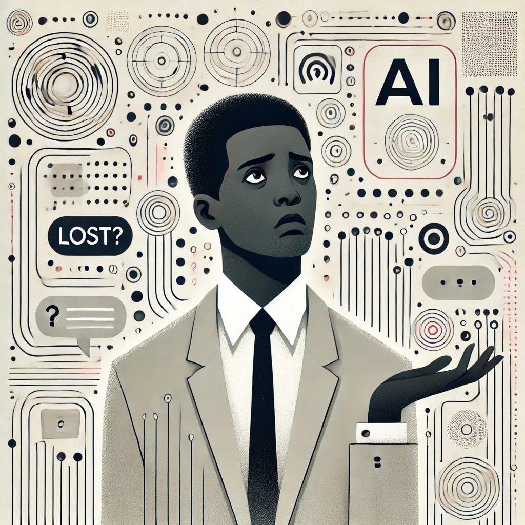 A minimalist yet impactful illustration of an Afro-Latino businessman looking lost and overwhelmed, surrounded by abstract AI-generated digital elements. The background features subtle glowing AI interfaces and floating prompts, but without excessive clutter. The focus is on the worker's expression of confusion and fatigue, emphasizing the struggle of navigating AI-driven tasks without clear direction.