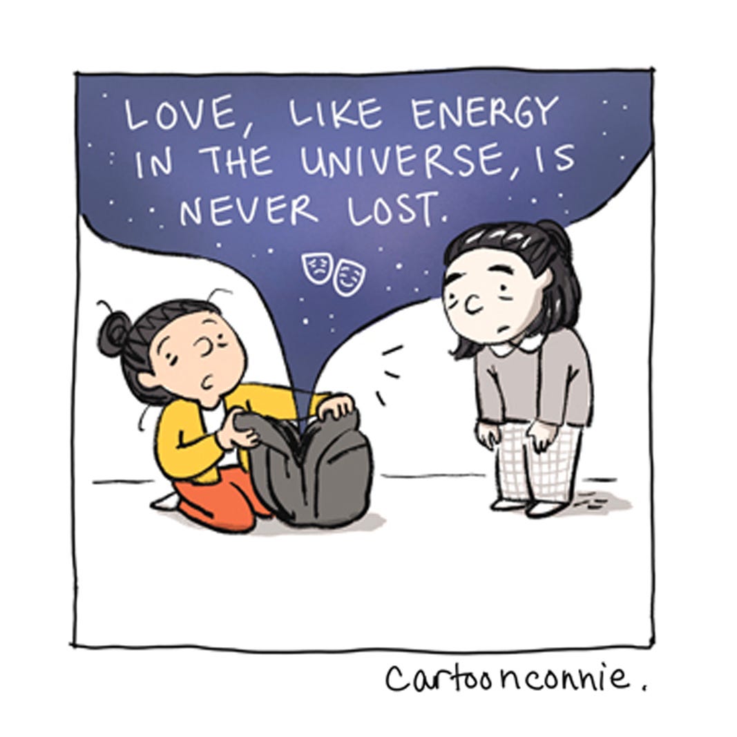 Panel 5 from a 6-panel comic strip about forgiving yourself and loving yourself, titled "A Valentine To My Younger Self." Original art by Connie Sun, cartoonconnie, 2026.