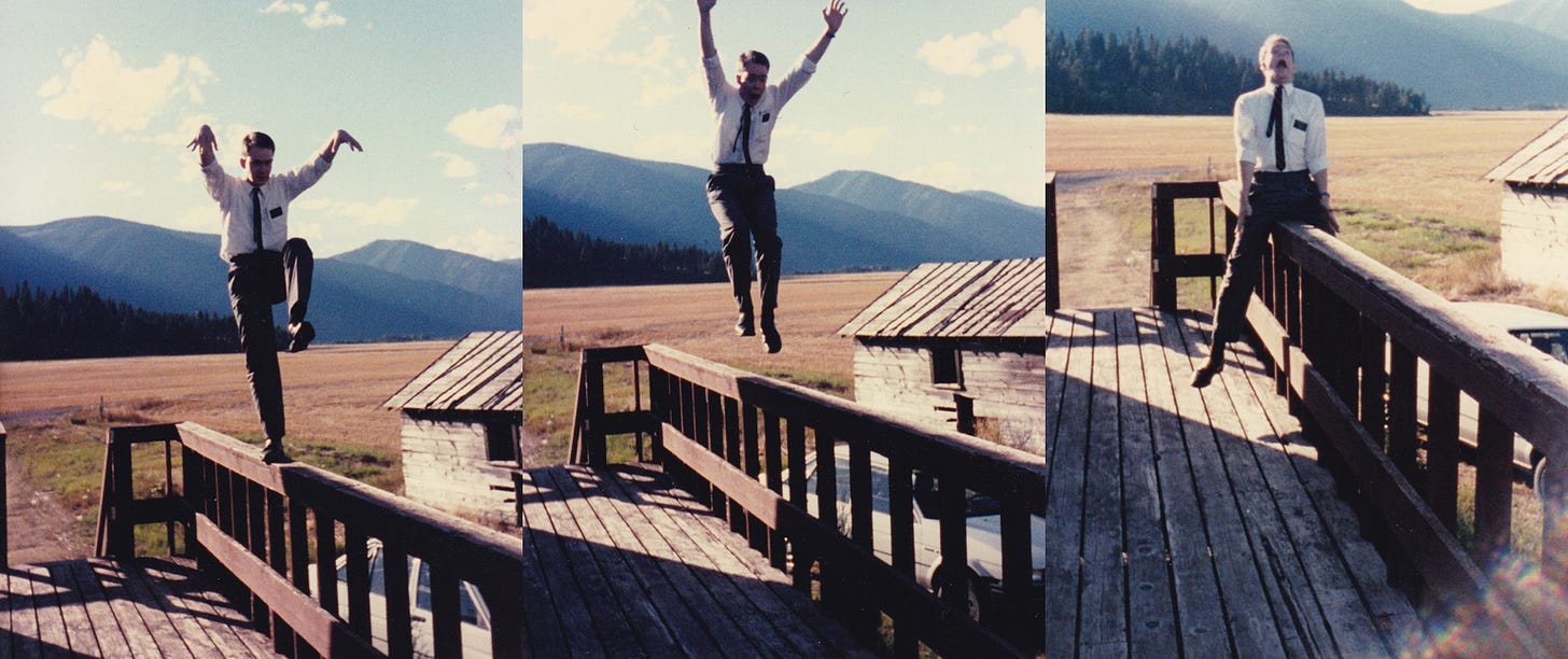 A series of three photographs, showing the deck and wooden railing of a rural house with a field and low hills in the background. In the first, a Mormon missionary in white shirt and tie stands one-legged in crane position atop the railing. In the second, he jumps into the air. In the third, he has missed his landing and slammed his nards on the railing, which he now straddles with a pained rictus on his face.