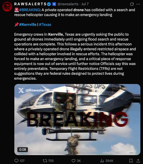 Screenshots of Twitter/X posts from high-profile accounts Breaking911, Matt Stringer, and RawAlerts sharing the City of Kerrville’s official Facebook statement claiming a “private drone illegally operating” collided with a search-and-rescue helicopter, causing an emergency landing. The posts show the city’s warning to ground drones during flood operations and emphasize the incident was “entirely preventable.” These tweets contributed to widespread misinformation about the drone incident.