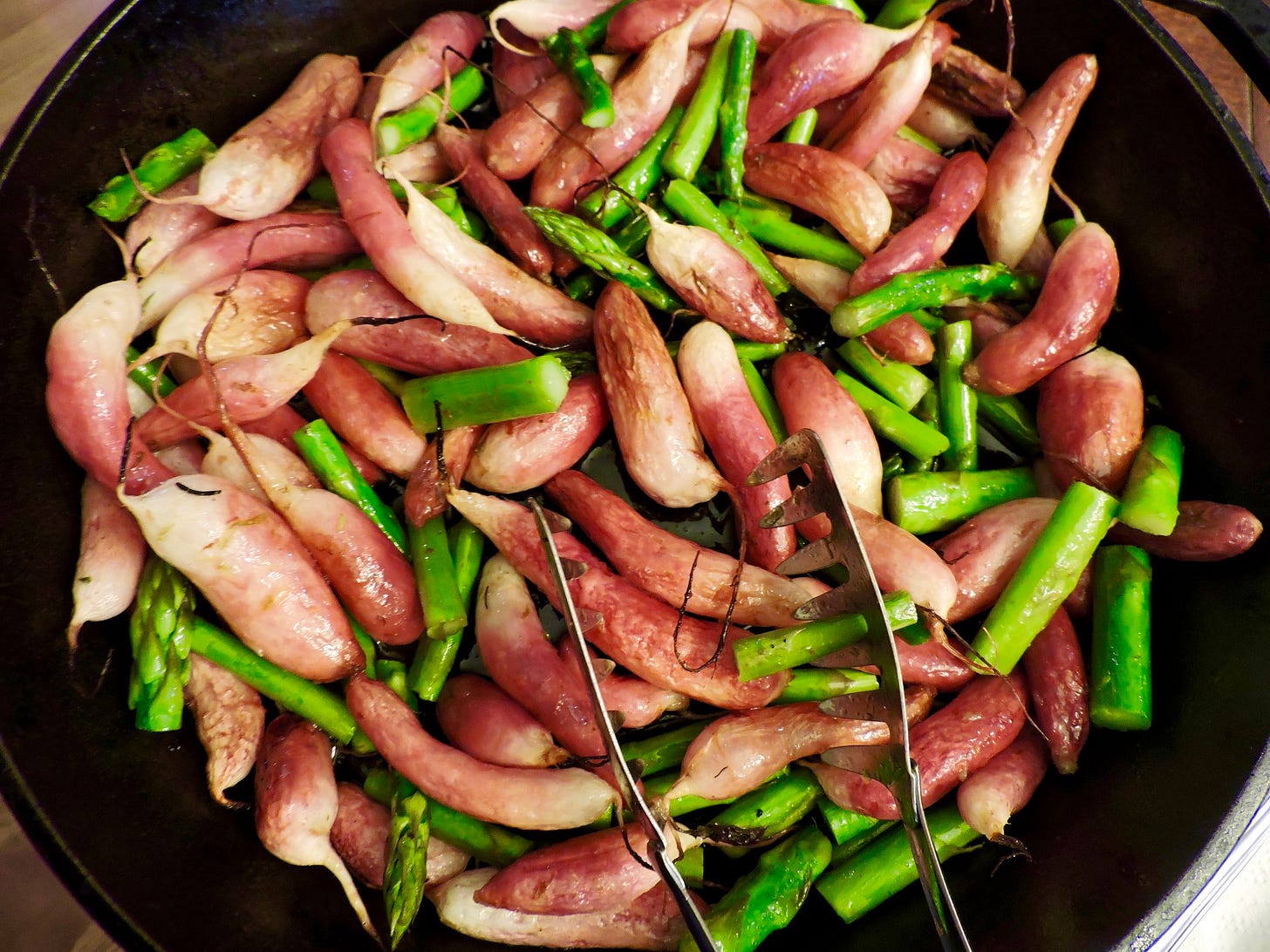  Roasted radishes & asparagus, tossed with some honey citrus vinaigrette (recipe below). 