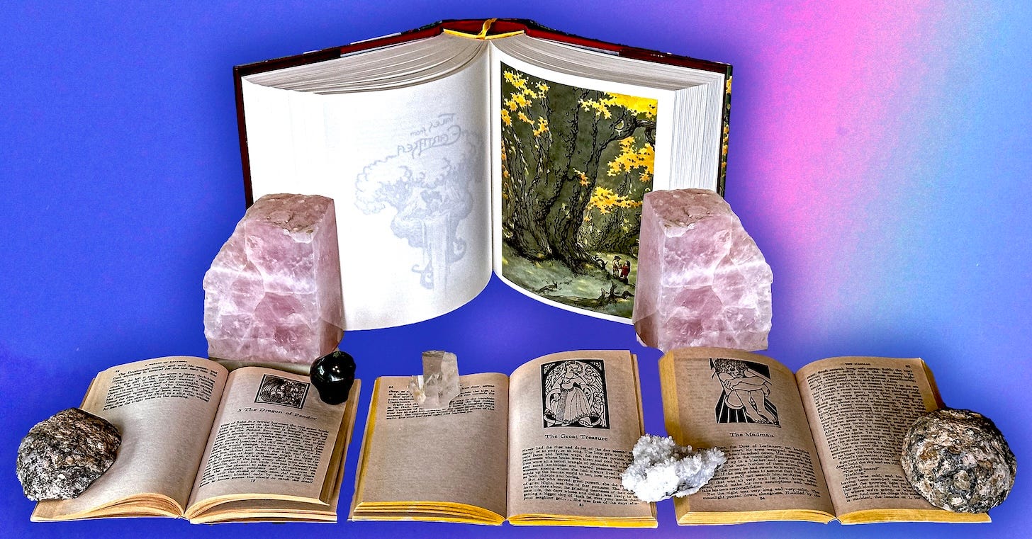 Chapter headings shown in the paperbacks of the The Earthsea Trilogy in the foreground and a full color illustration in The Books Of EARTHSEA behind.