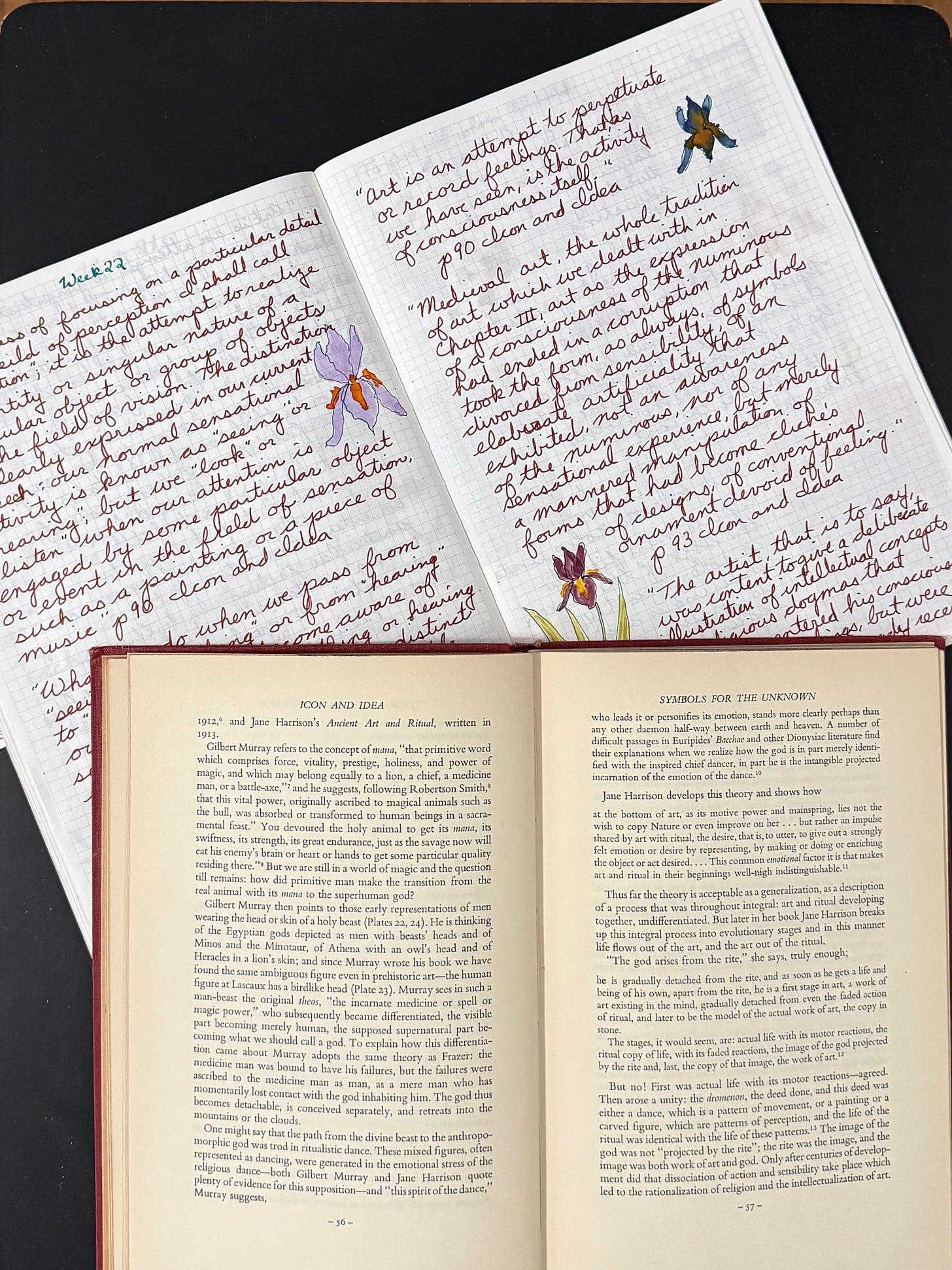Open handwritten journal with painted iris illustrations alongside the open pages of Herbert Read's Icon and Idea on a dark surface. Open handwritten journal with painted iris illustrations alongside the open pages of Herbert Read's Icon and Idea on a dark surface.