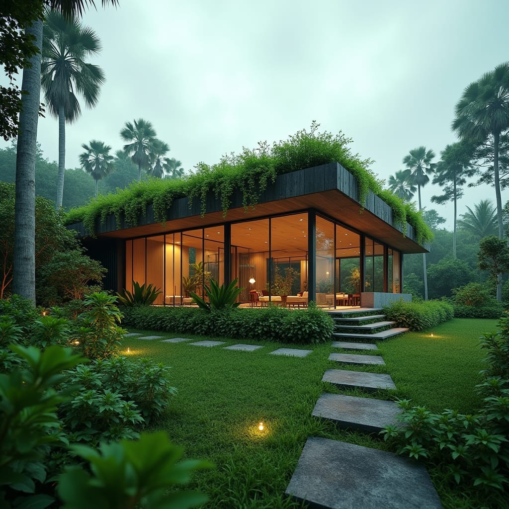 Contemporary green home in Jamaica featuring a stunning green roof, solar panels, extensive use of glass for natural light, and an innovative rainwater harvesting system. A perfect blend of sustainable design and modern aesthetics.