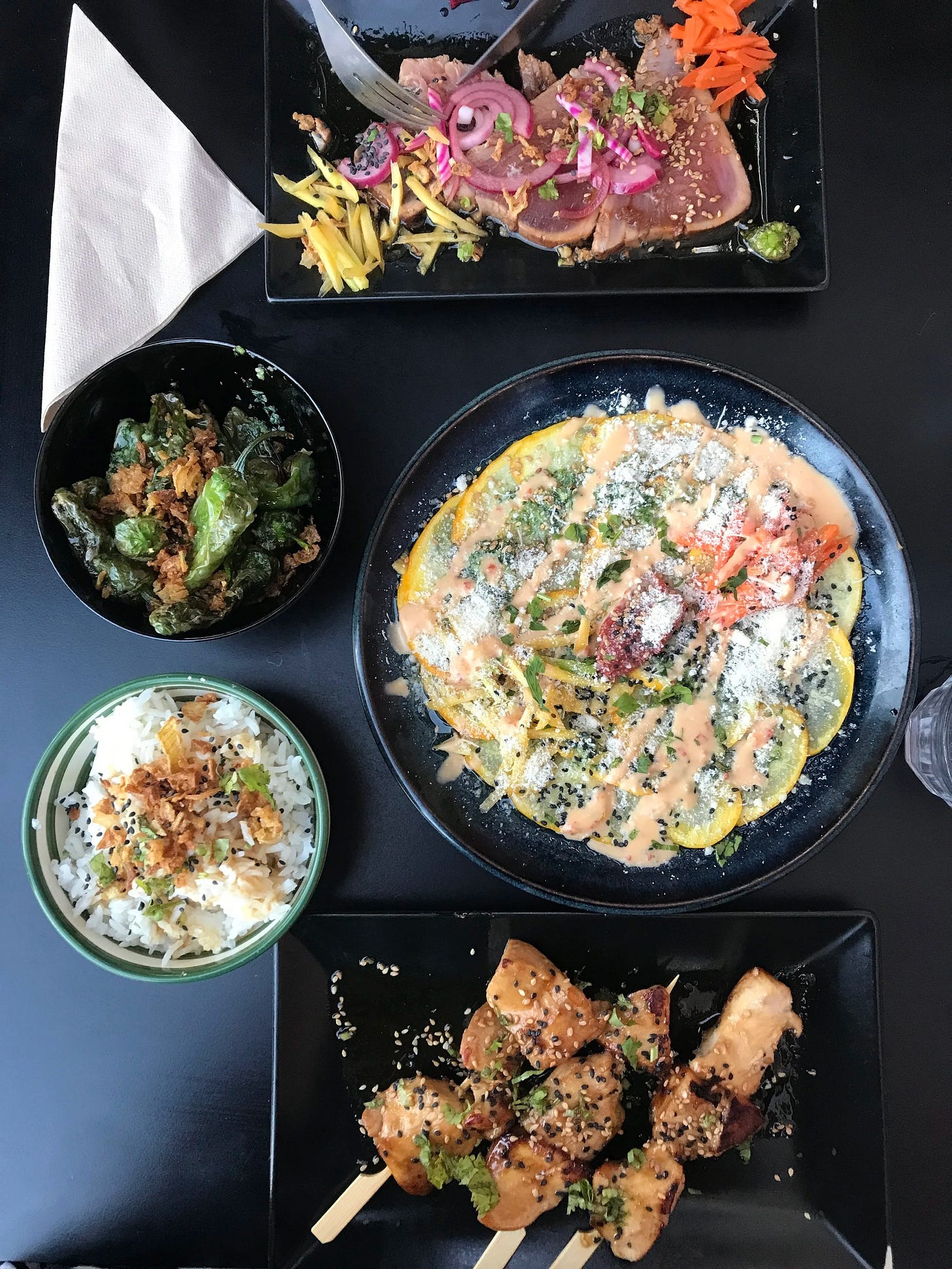  French Asian fusion table spread at Le Bazacle in Toulouse, France 