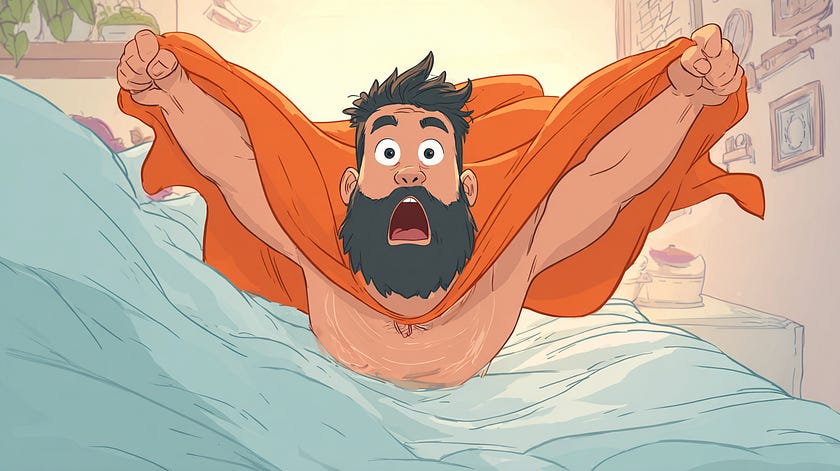 A bearded cartoon guy flying like a superhero (Harvey wallbanger)