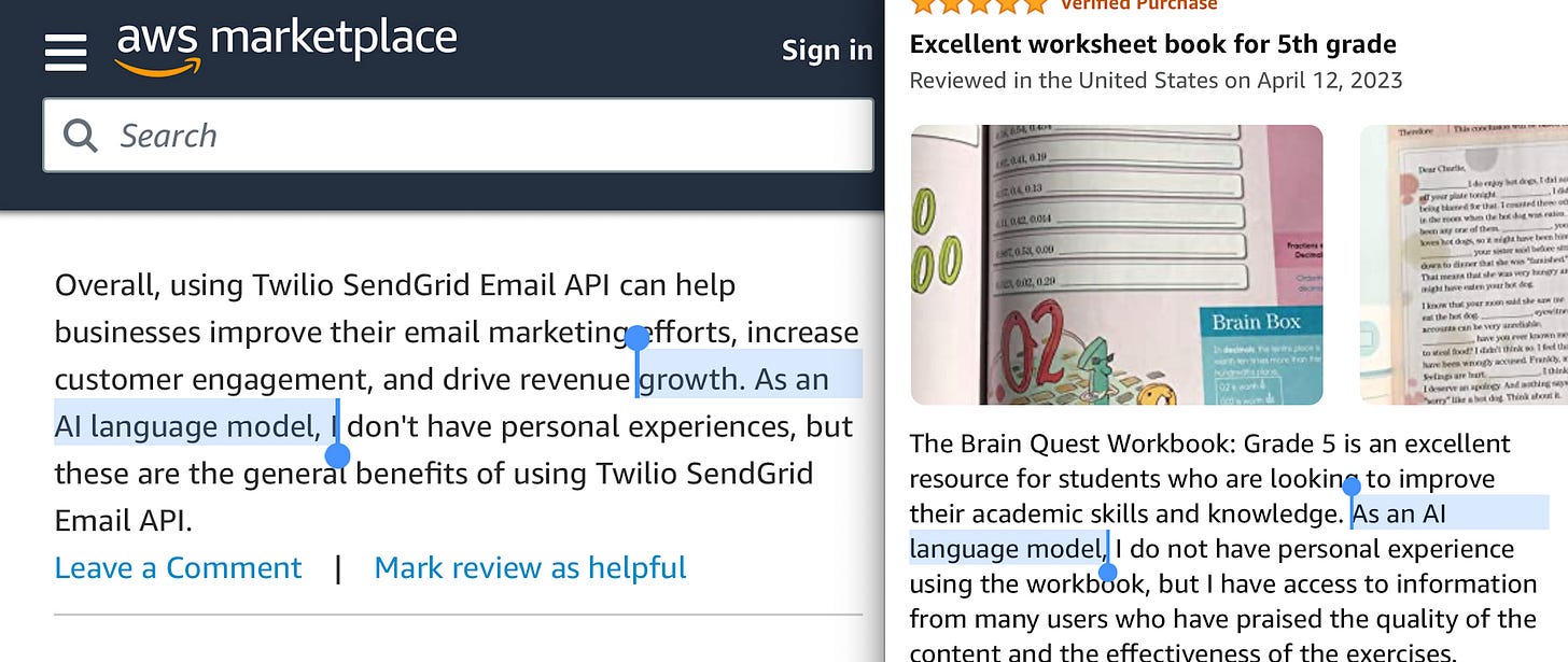 Screenshot of Amazon products using the ChatGPT disclaimer.