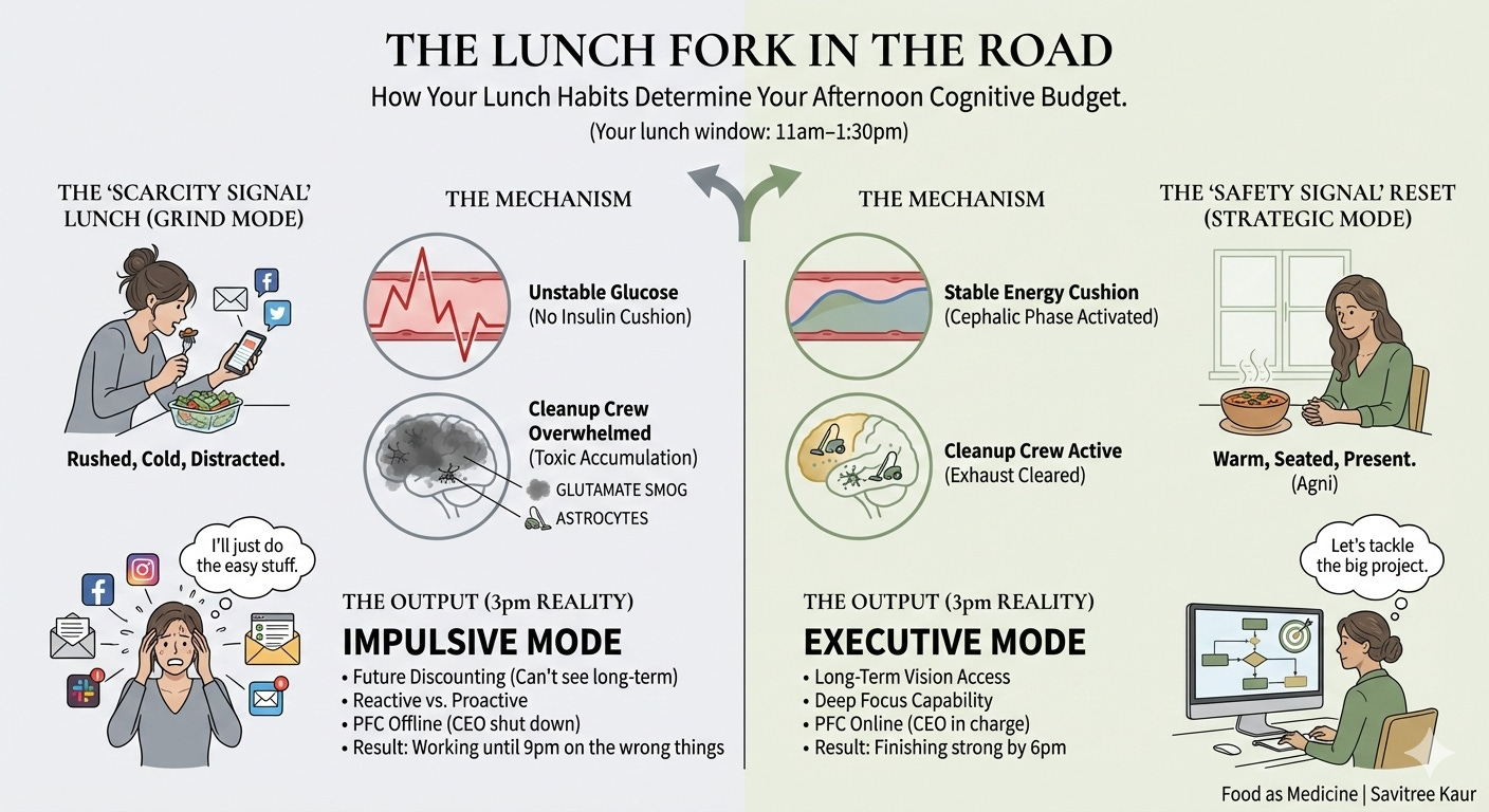 Infographic titled "The Lunch Fork in the Road" showing two paths: a "Scarcity Signal Lunch" leading to impulsive mode with unstable glucose and overwhelmed astrocytes, versus a "Safety Signal Reset" leading to executive mode with stable energy and active cleanup crew. Illustrates how lunch habits determine 3pm cognitive state.