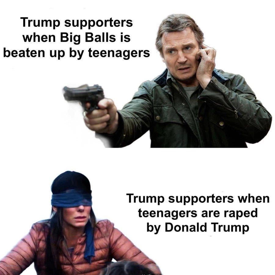 The top panel shows a photo of Liam Neeson from the movie "Taken," holding a gun and talking on the phone. The text above him reads: "Trump supporters when Big Balls is beaten up by teenagers." The bottom panel shows a photo of Sandra Bullock blindfolded, from the movie "Bird Box." The text next to her reads: "Trump supporters when teenagers are raped by Donald Trump."