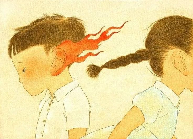 This may contain: two children with ponytails are facing each other